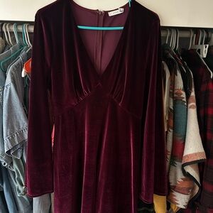 Lush Velvet Bell Long Sleeve Dress in Deep Burgundy